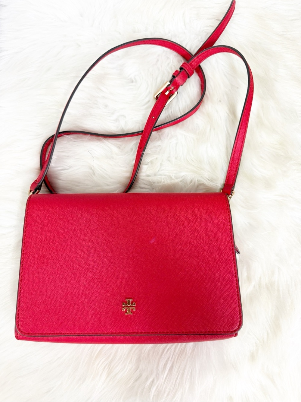 Tory Burch Emerson Combo Crossbody Red Leather Gold Logo Handbag